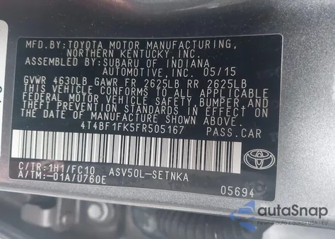 2015 Toyota Camry Le z USA, uszkodzony, nr VIN 4T4BF1FK5FR505167